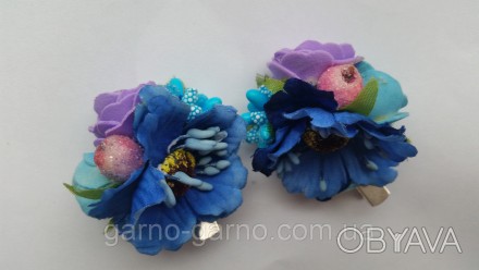 Заколка для волос с розами и маками , синие , фиолетовые и голубые цветы - для д. . фото 1
