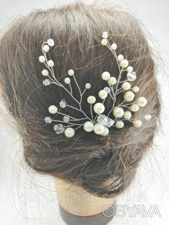 Свадебная шпилька жемчужная веточка для волос белая украшение для волос невесты . . фото 1