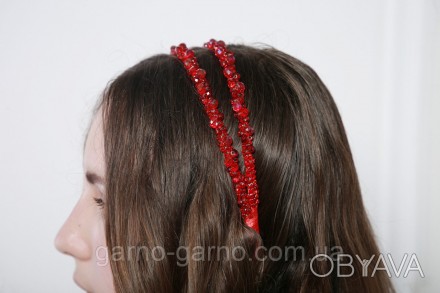 Украшение для волос ручной работы- Красный двойной Обруч с хрустальными бусинами. . фото 1