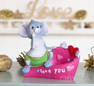 Романтическая статуэтка мышки из полистоуна с надписью «I love you». Милый сувен. . фото 1