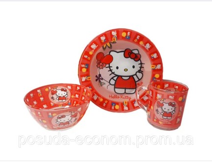 Набор детской стеклянной посуды из 3-х предметов "Hello Kitty".. Харків. фото 1 Набор детской стеклянной посуды из 3-х предметов "Hello Kitty".. Харків. фото 1