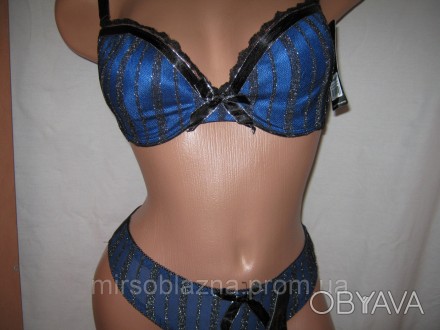  Комплект белья женский Aoniya синего цвета с вертикальными черными люрексовыми . . фото 1