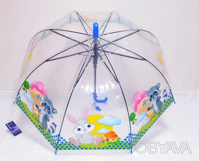 Красивый полупрозрачный зонт-трость куполом для детей из поливинила. С изображен. . фото 1