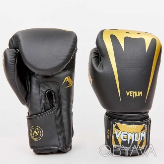 Перчатки боксерские PU на липучке Venum (р-р 8-12oz, чёрно-золотые) полноразмерн. . фото 1