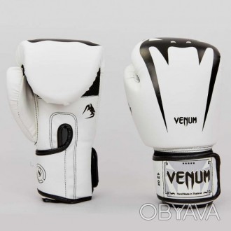 Перчатки боксерские PU на липучке Venum (р-р 8-12oz, бело-чёрные) полноразмерные. . фото 1