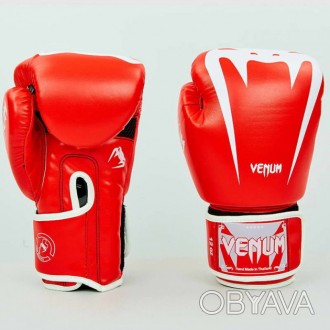 Перчатки боксерские PU на липучке Venum (р-р 8-12oz, красно-белые) полноразмерны. . фото 1