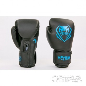 Перчатки боксерские Venum на липучке (р-р 8-12 oz, чёрно-синие) изготовлены из к. . фото 1