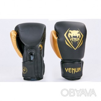 Перчатки боксерские Venum на липучке (р-р 8-12 oz, чёрно-золотые) изготовлены из. . фото 1