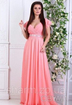 Персиковое платье в пол с открытым декольте и украшение на поясе 
 
	Вес: 0.33кг. . фото 1