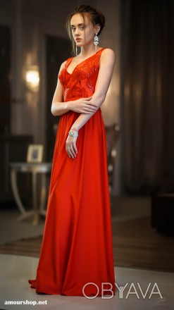 Красное вечернее платье в пол. Ткань атлас армани и кружево. Размер 42-46. (плат. . фото 1