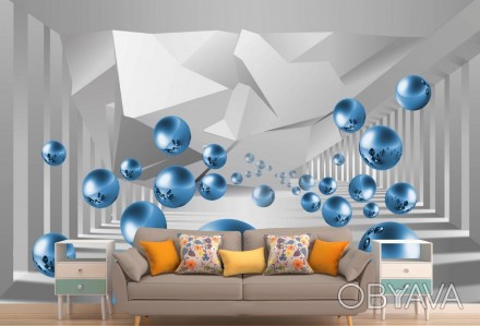 
Фотообои 3Д серый тоннель с голубыми шарами — прекрасное современное решение дл. . фото 1