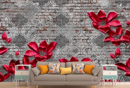 
Фотообои 3Д алые цветы на серой стене демонстрируют тренды в современном дизайн. . фото 1
