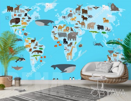 
Фотообои карта мира животных на голубом фоне - приятно порадуют любителей совре. . фото 1