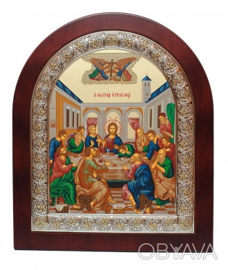 Икона Тайная Вечеря
в серебряной рамке с узорами
26х31 см
 Икона арочной формы н. . фото 1