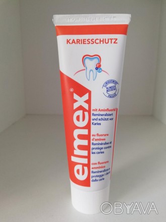 elmex - зубная паста
защита от кариеса,
Zahnpasta mit Aminfluorid
75 ml
Защищает. . фото 1