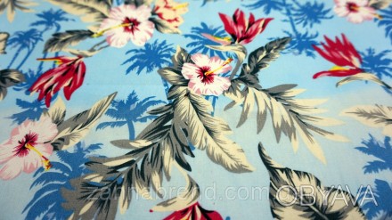  Ткань летний стрейч-коттон голубого цвета "Райский остров" - легкая, плотная, д. . фото 1