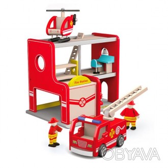 Дерев'яний ігровий набір представляє двоповерхову пожежну станцію з дверима гара. . фото 1