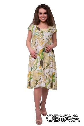 Летнее платье трапеция с растительно-цветочным принтом и маленьким рукавом тюльп. . фото 1