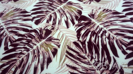  Ткань супер-софт молочного цвета "Монстера" бордовые листья - это легкий, уютны. . фото 1