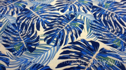  Ткань супер-софт молочного цвета "Монстера" синие листья - это легкий, уютный, . . фото 1