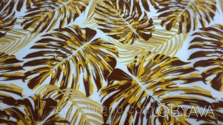  Ткань супер-софт молочного цвета "Монстера" желтые листья - это легкий, уютный,. . фото 1